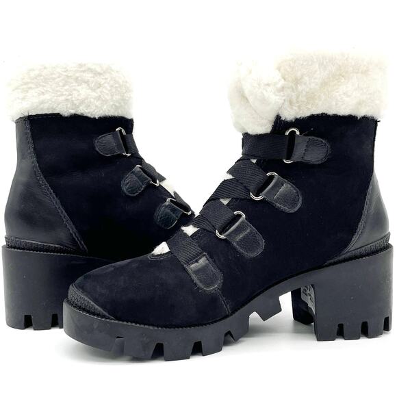 NEW Schutz Womens 6 Aretuza Black Suede & Shearling Combat Boots Waterproof - Picture 2 of 10